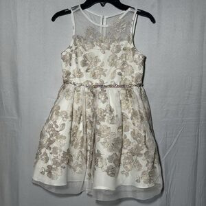 Rare Editions Girls Size 7 Ivory Gold Floral Dress Wedding Party Holiday Pageant